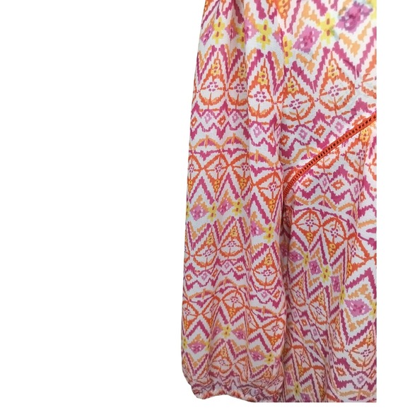 Red Camel Orange Pink Ikat Boho Peasant Top Tassel Tie Crochet Trim Women's M - Picture 5 of 9